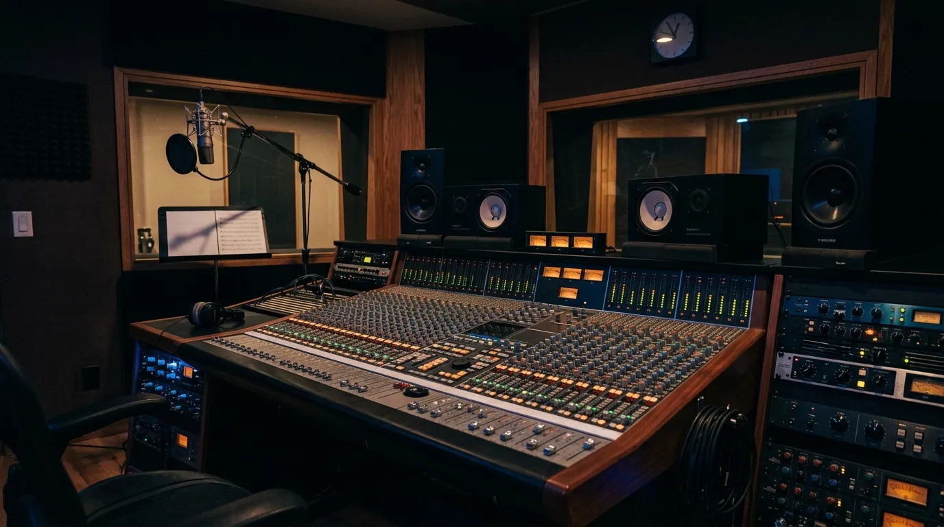 Professional recording studio setup with microphone, mixing console, and sound equipment in moody lighting