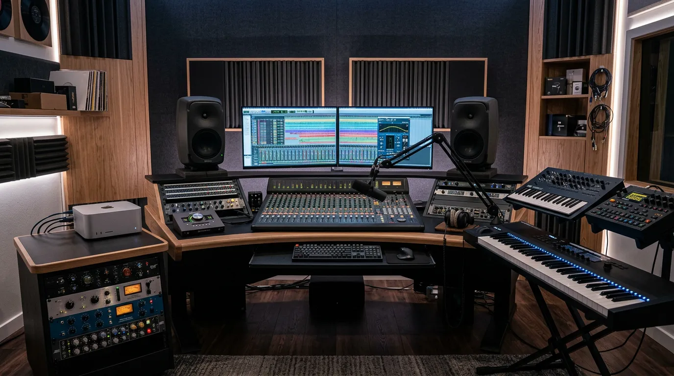 Music production workstation with computers, monitors, and professional audio equipment in modern studio