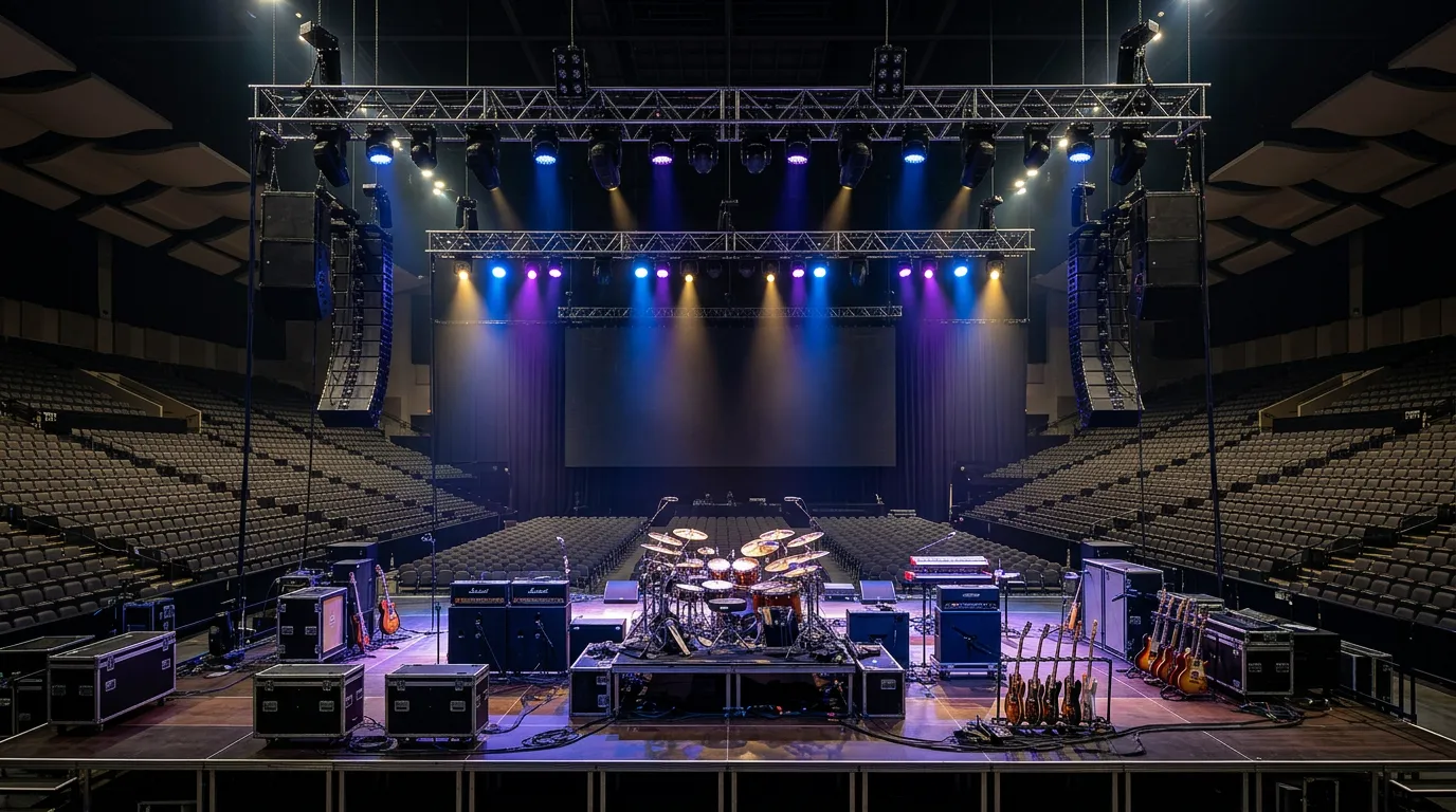 Concert stage with professional lighting and sound equipment ready for performance, empty venue